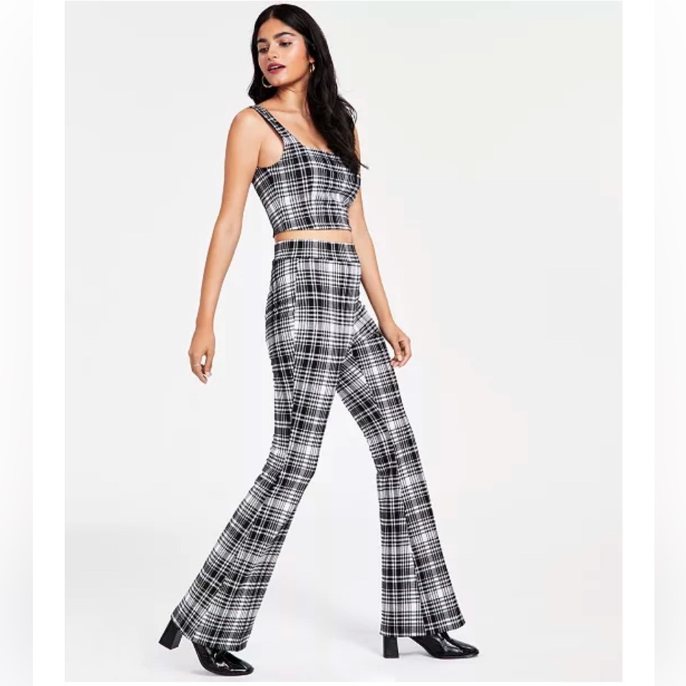 NWT Bar Lii Plaid-Print Flare-Leg Pant Size L